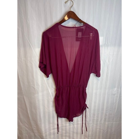Versatile  Burgundy Beach Mesh Cover Up Ruched Short Romper Size S RefM021 - Picture 9 of 9
